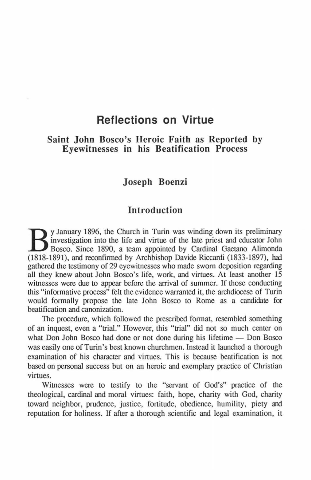 Reflections on Virtue Saint John Rosco's Heroic Faith As Reported by Eyewitnesses in His Beatification Process