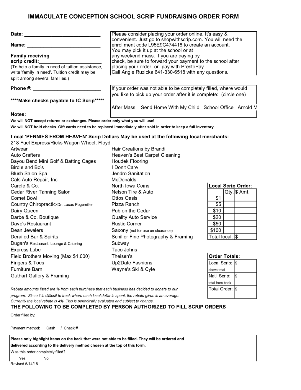 Immaculate Conception School Scrip Fundraising Order Form