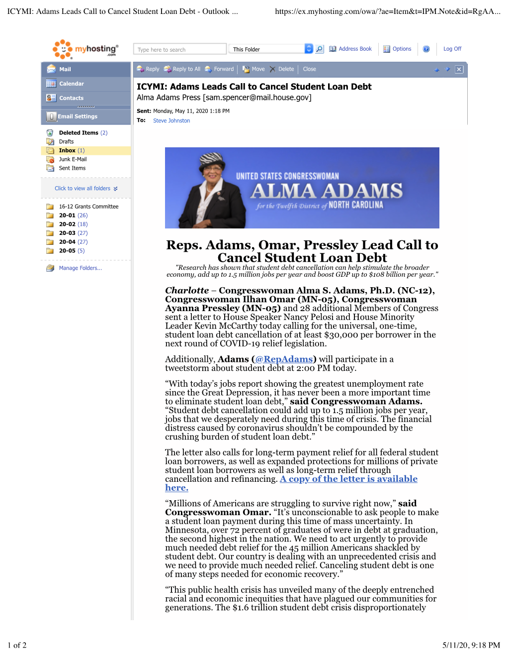 Adams Leads Call to Cancel Student Loan Debt - Outlook