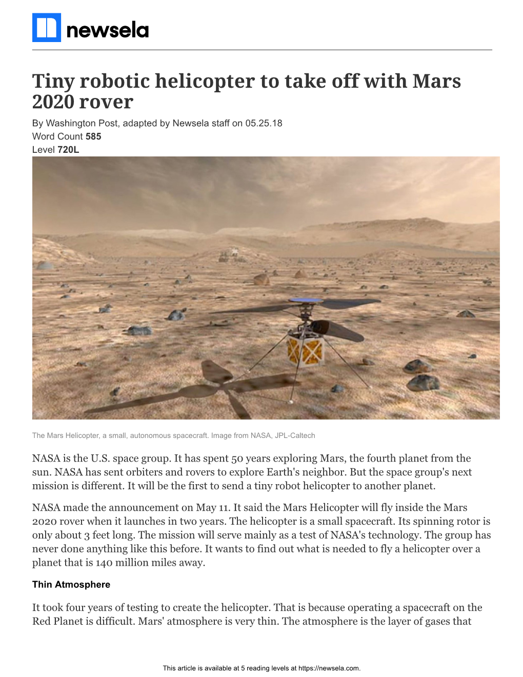 Tiny Robotic Helicopter to Take Off with Mars 2020 Rover by Washington Post, Adapted by Newsela Staff on 05.25.18 Word Count 585 Level 720L