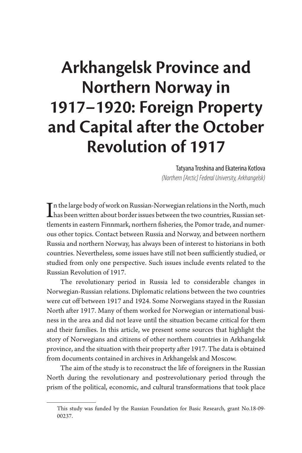 Arkhangelsk Province and Northern Norway in 1917–1920: Foreign Property and Capital After the October Revolution of 1917