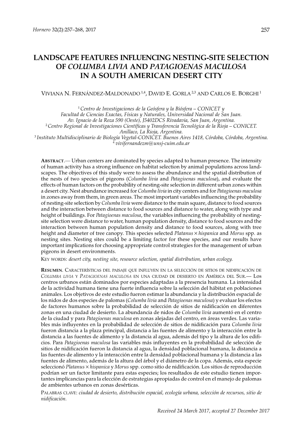 Landscape Features Influencing Nesting-Site Selection of Columba Livia and Patagioenas Maculosa in a South American Desert City