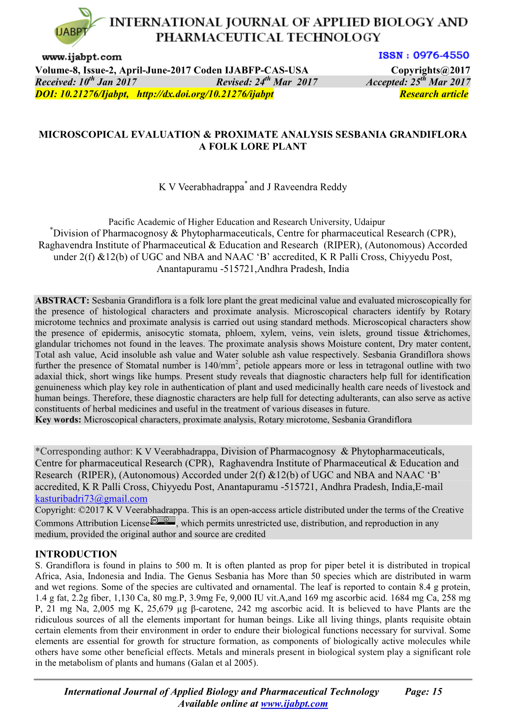 Microscopical Evaluation & Proximate Analysis Sesbania Grandiflora a Folk