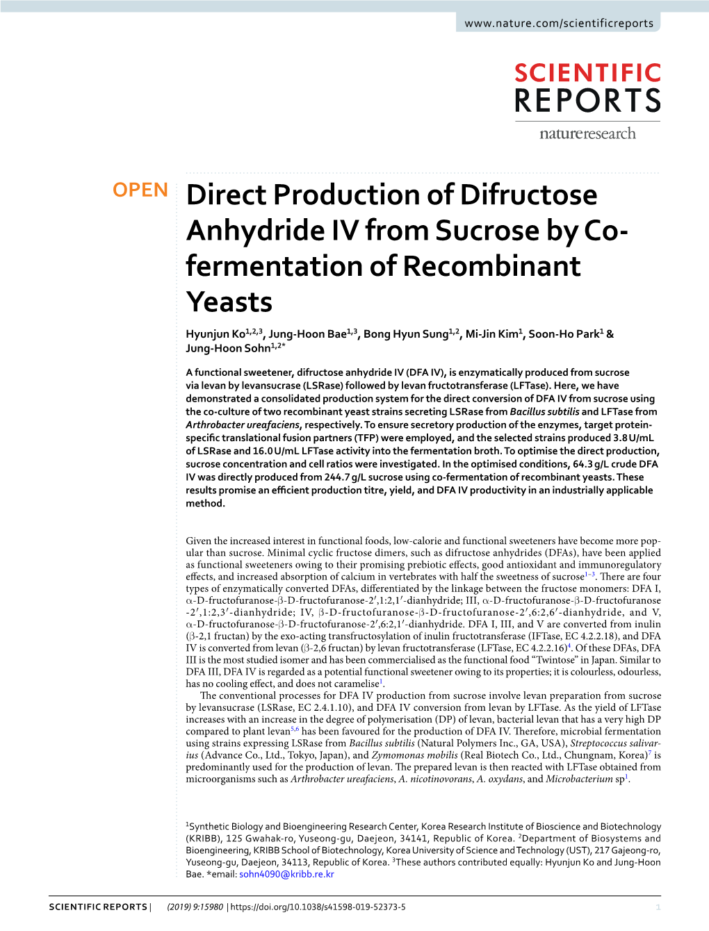 Direct Production of Difructose Anhydride IV from Sucrose by Co