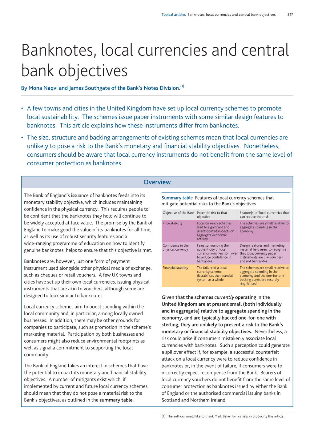 Bank of England, Local Currency Scheme Websites, ONS and Bank Calculations