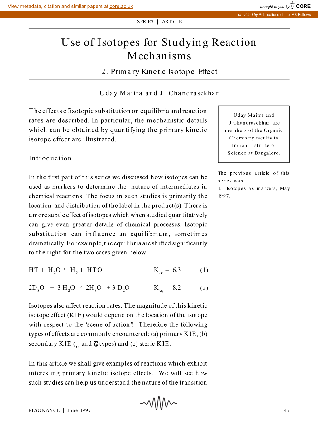 Use of Isotopes for Studying Reaction Mechanisms 2