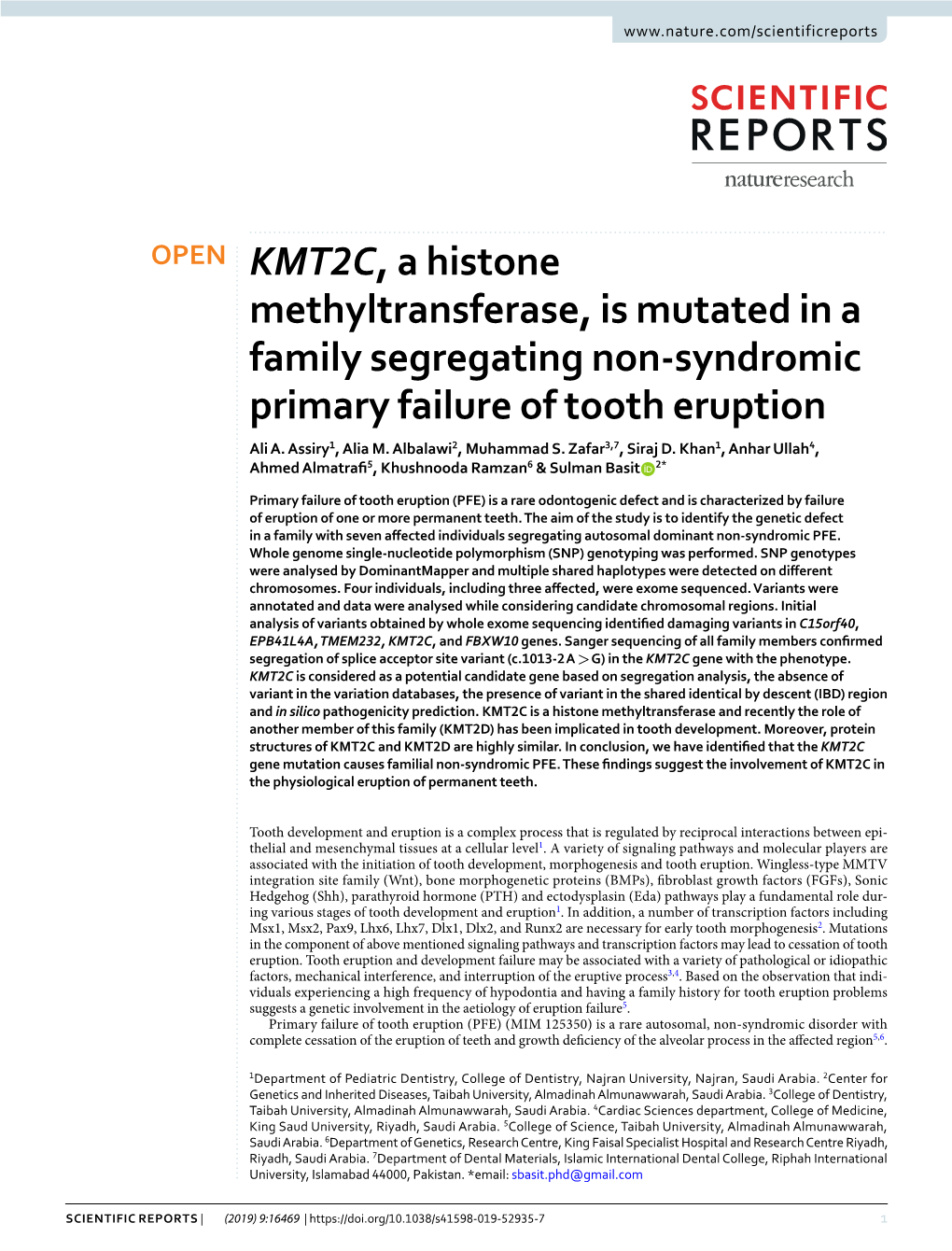 KMT2C, a Histone Methyltransferase, Is Mutated in a Family Segregating Non-Syndromic Primary Failure of Tooth Eruption Ali A