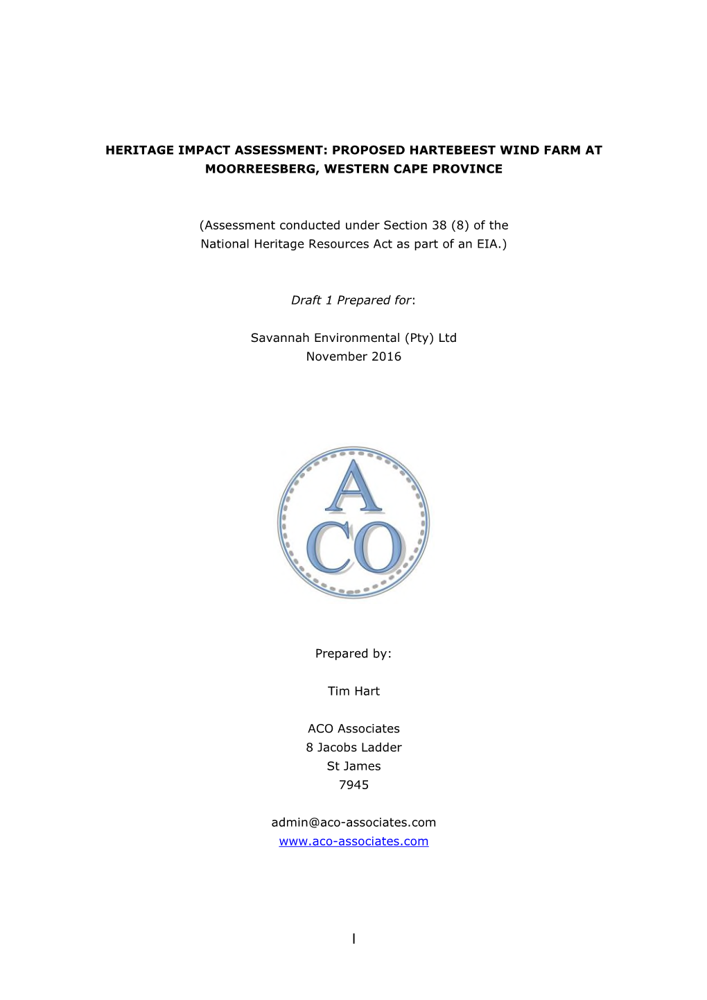 Heritage Impact Assessment: Proposed Hartebeest Wind Farm at Moorreesberg, Western Cape Province