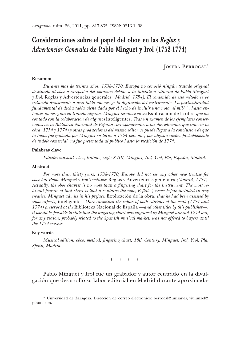 Consideraciones Sobre El Papel Del Oboe En Las Reglas Y Advertencias Generales De Pablo Minguet Y Irol (1752-1774)