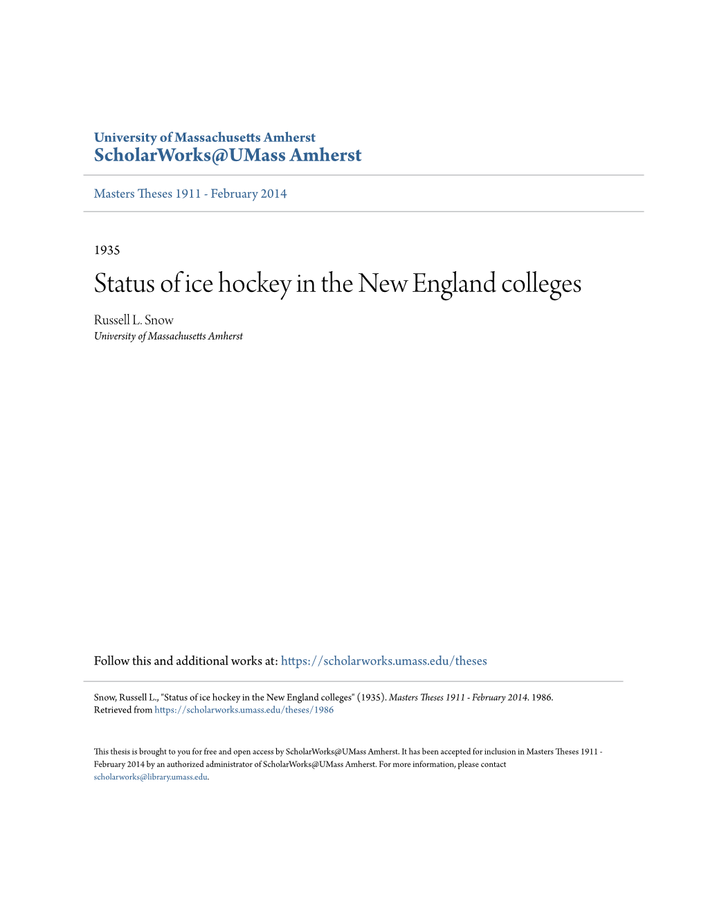 Status of Ice Hockey in the New England Colleges Russell L