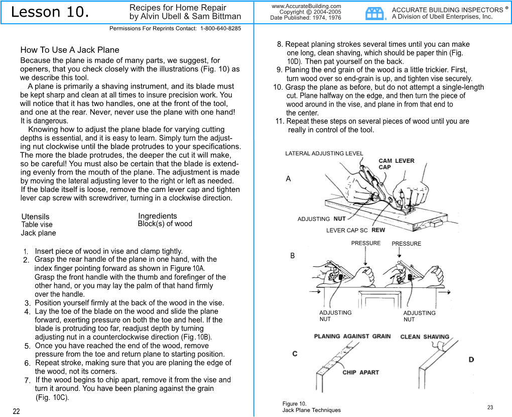 Lesson 10, How to Use a Jack Plane, Recipes for Home Repair