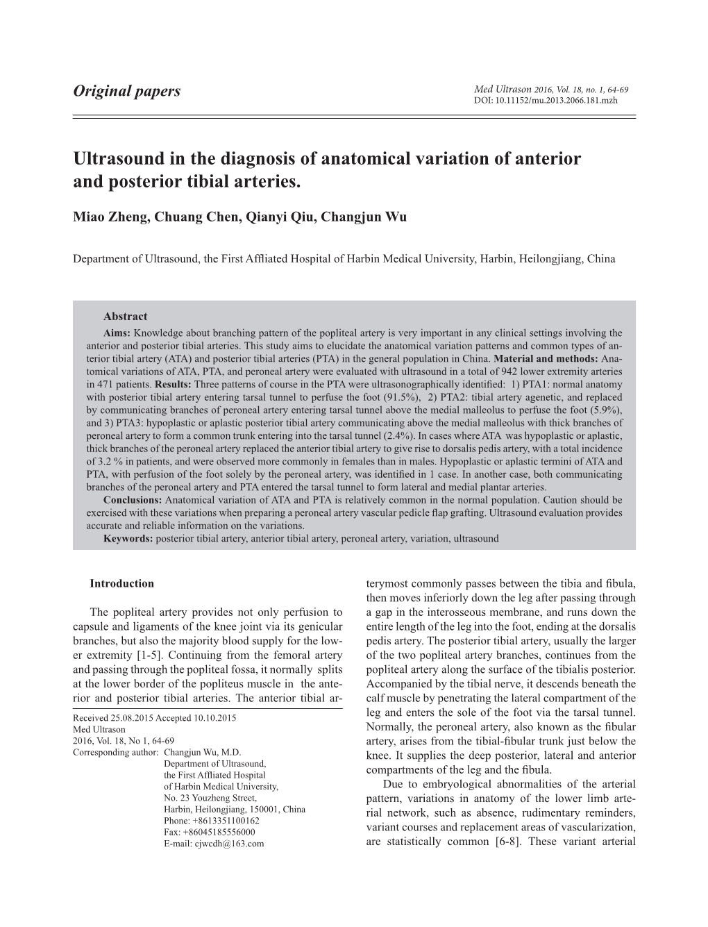 Ultrasound in the Diagnosis of Anatomical Variation of Anterior and Posterior Tibial Arteries