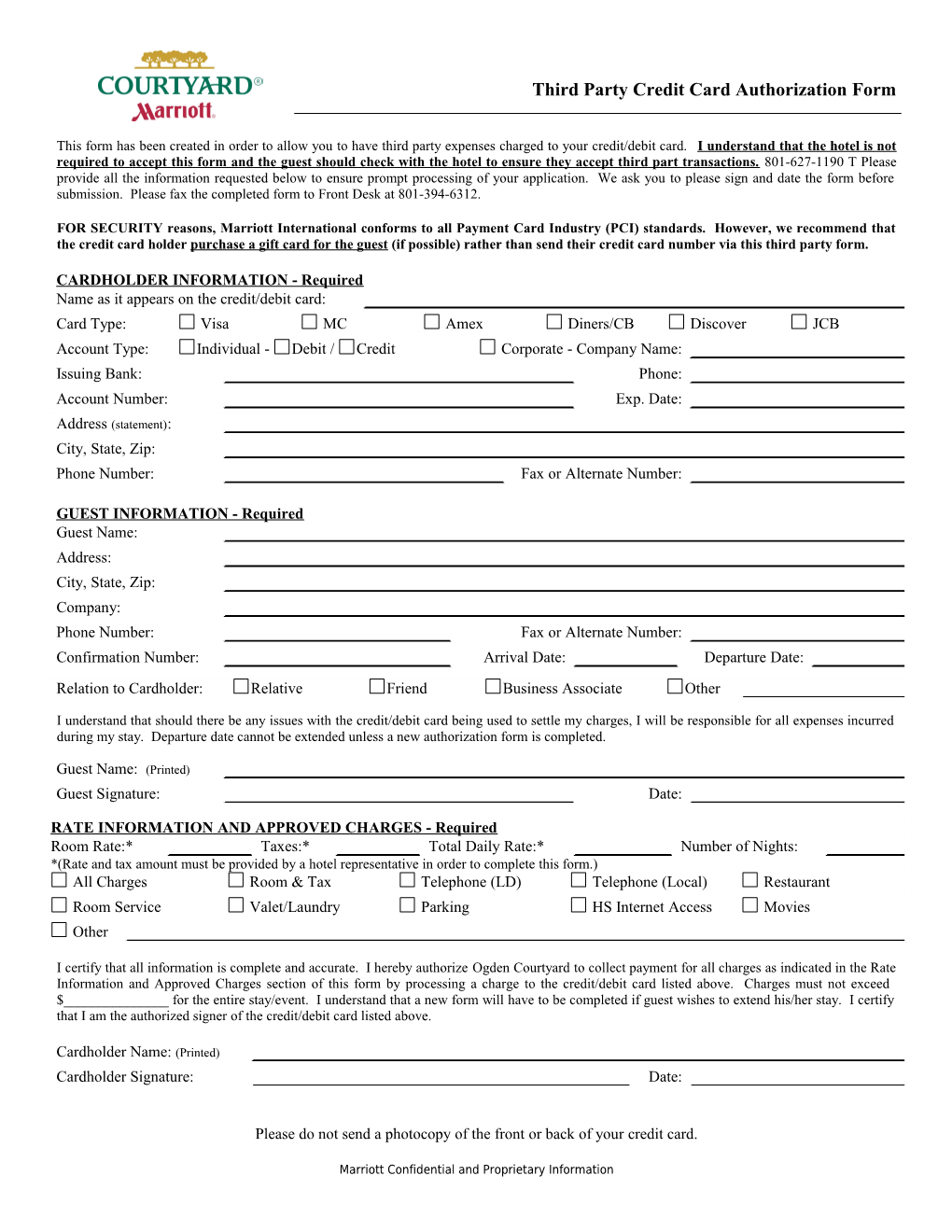 Courtyard Credit Card Third Party Authorization Form