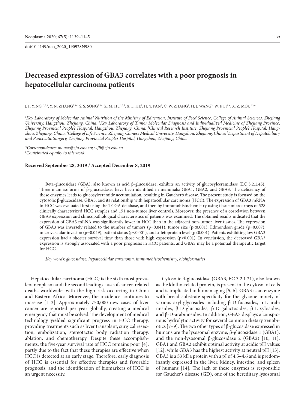 Decreased Expression of GBA3 Correlates with a Poor Prognosis in Hepatocellular Carcinoma Patients