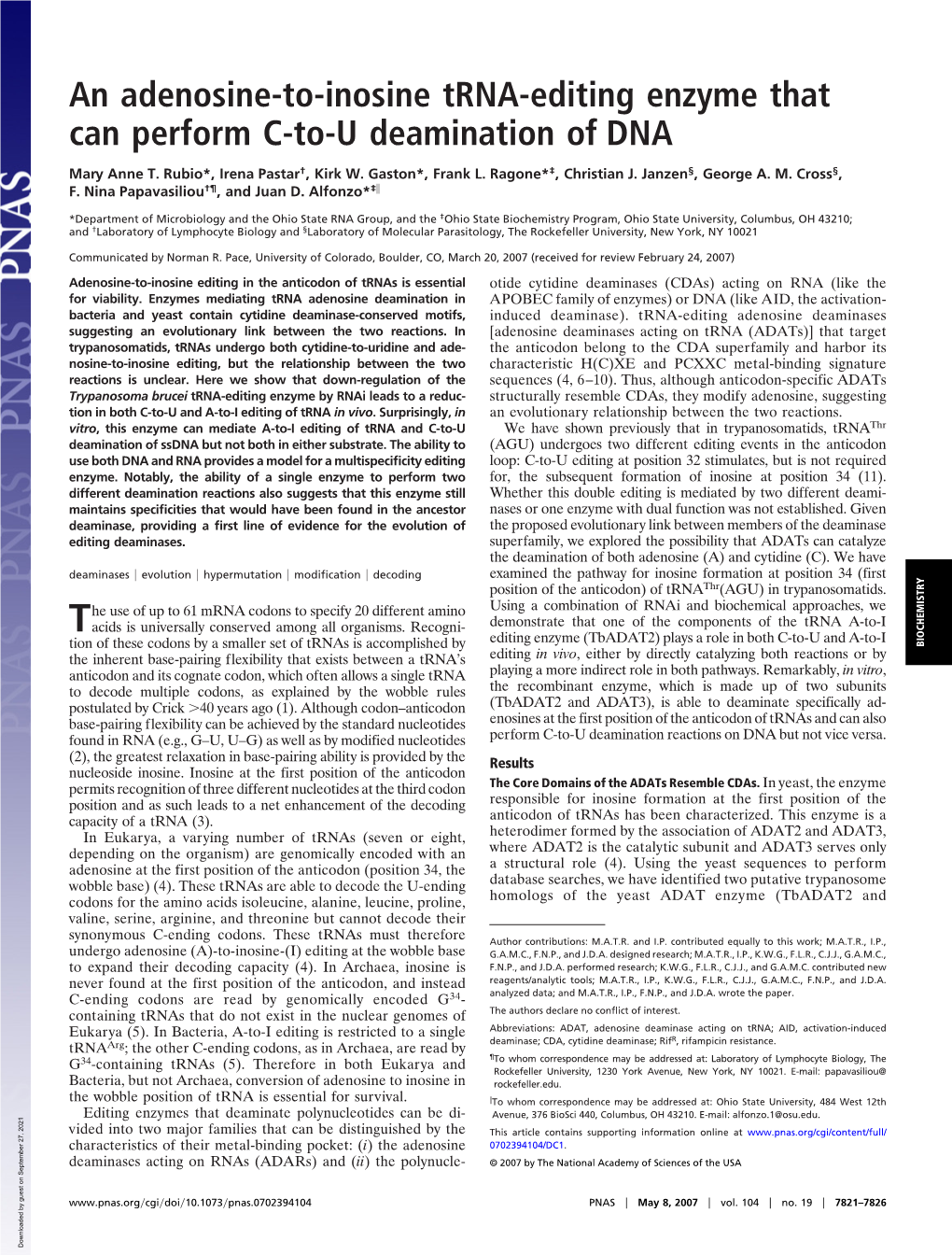 An Adenosine-To-Inosine Trna-Editing Enzyme That Can Perform C-To-U Deamination of DNA