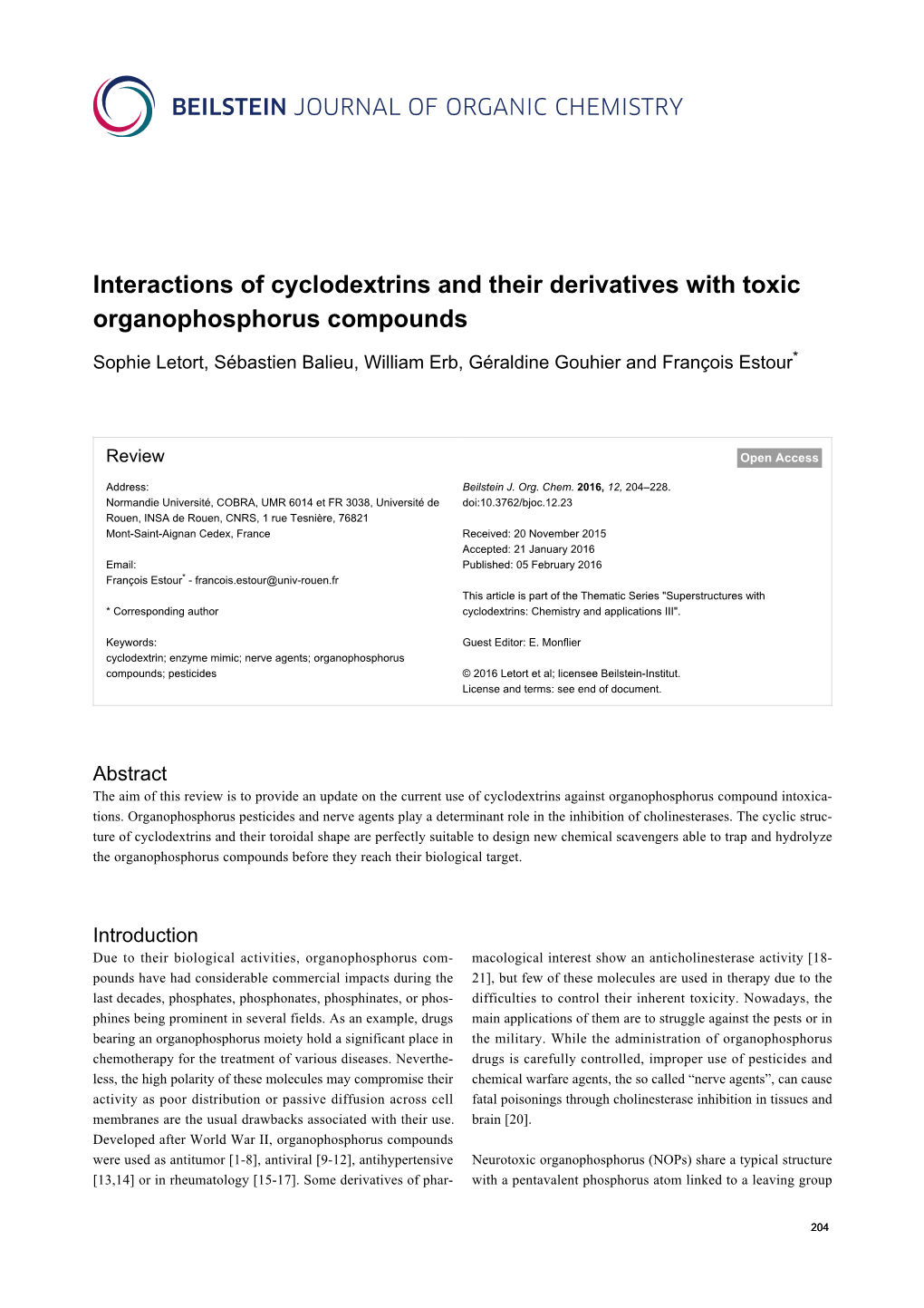 Interactions of Cyclodextrins and Their Derivatives with Toxic Organophosphorus Compounds