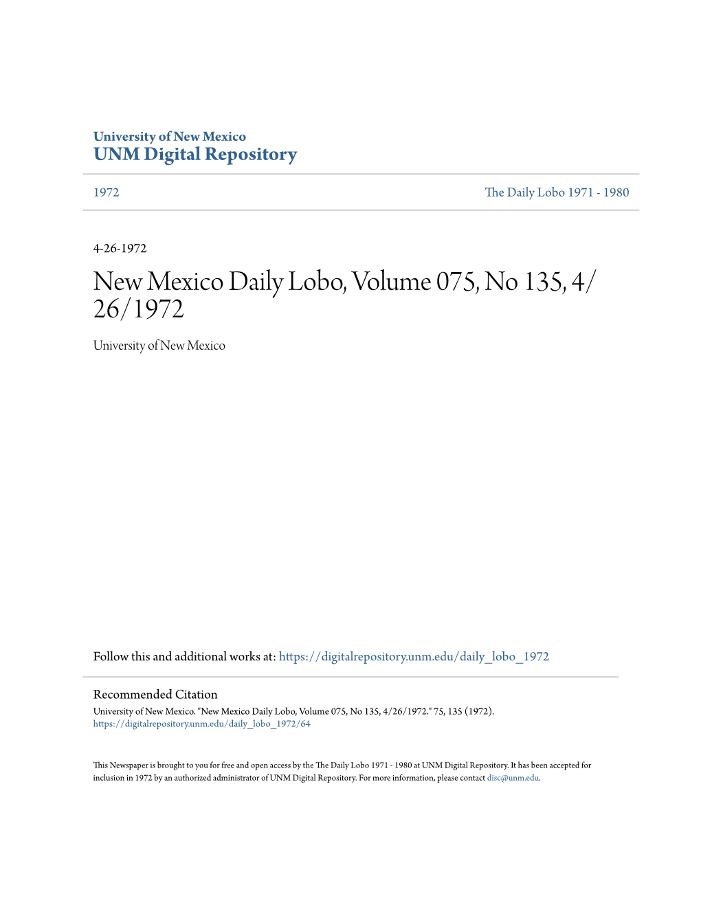 New Mexico Daily Lobo, Volume 075, No 135, 4/26/1972." 75, 135 (1972)