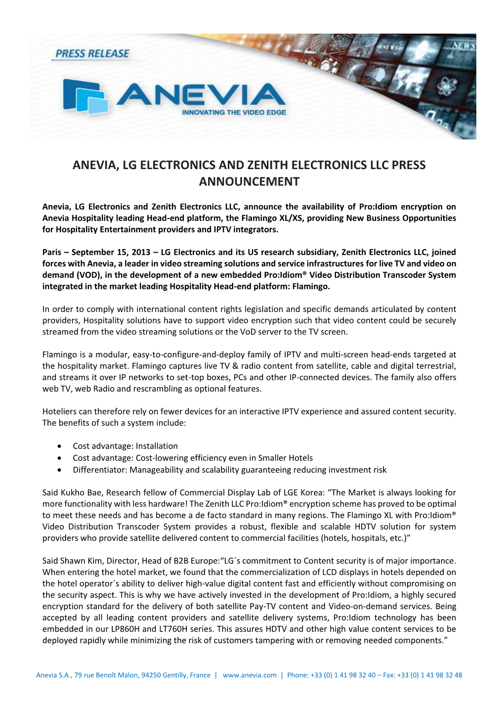 Anevia, Lg Electronics and Zenith Electronics Llc Press Announcement