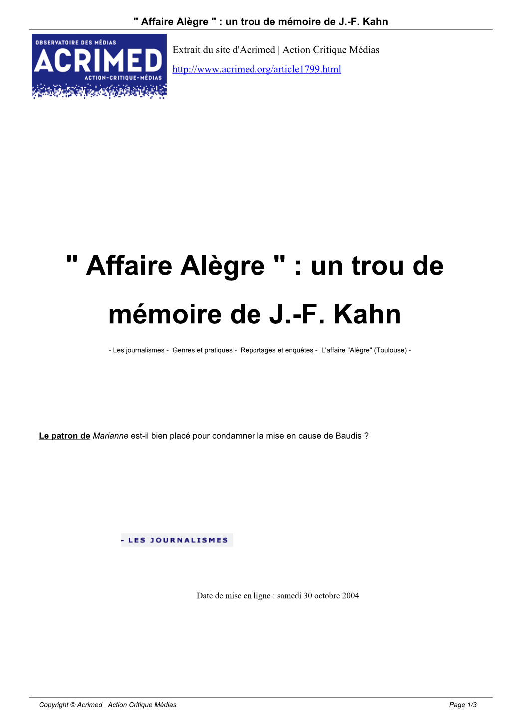 Affaire Alègre " : Un Trou De Mémoire De J.-F