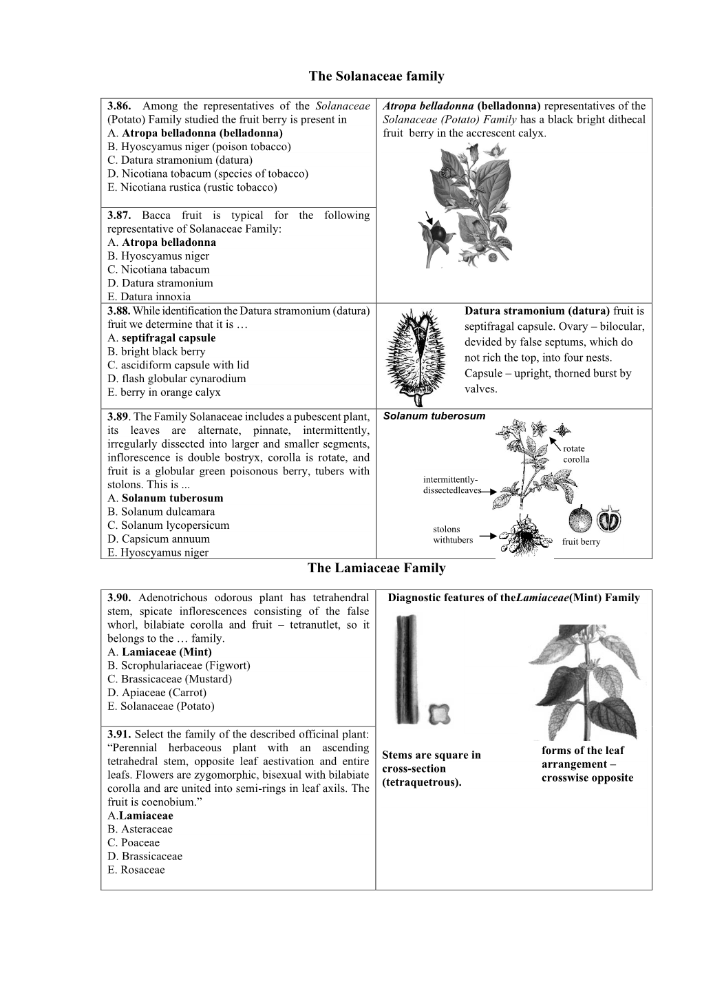 The Solanaceae Family the Lamiaceae Family