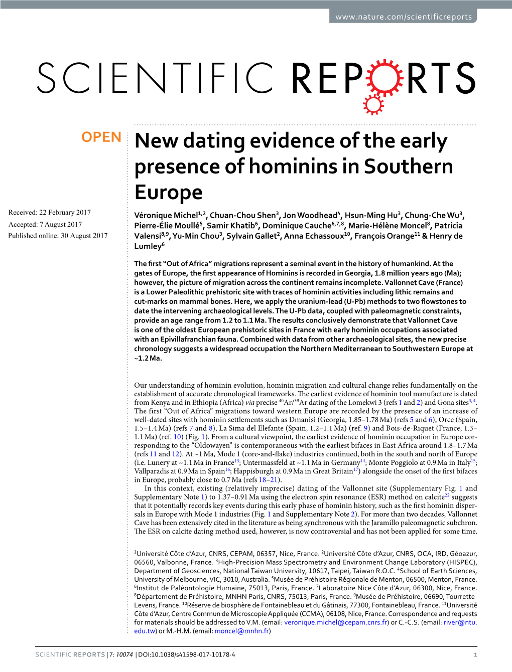 New Dating Evidence of the Early Presence of Hominins in Southern