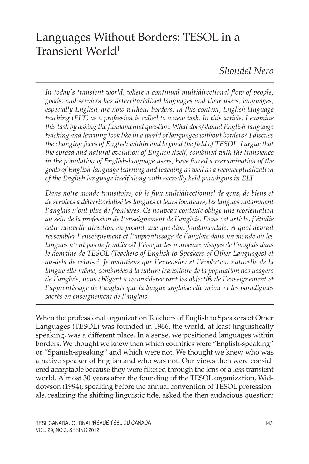 Languages Without Borders: TESOL in a Transient World1 Shondel Nero