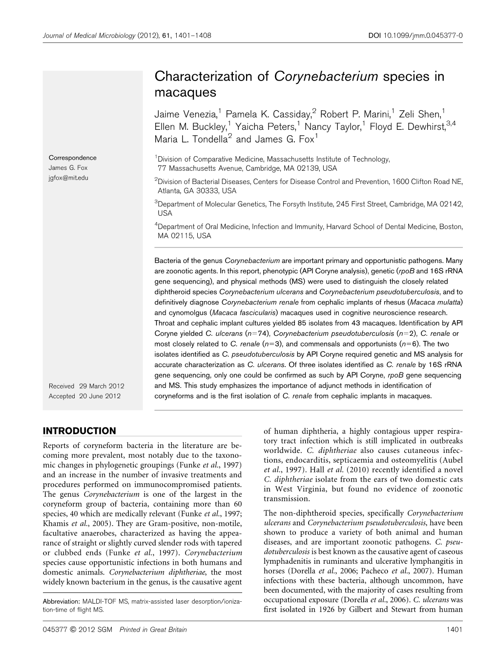 Characterization of Corynebacterium Species in Macaques