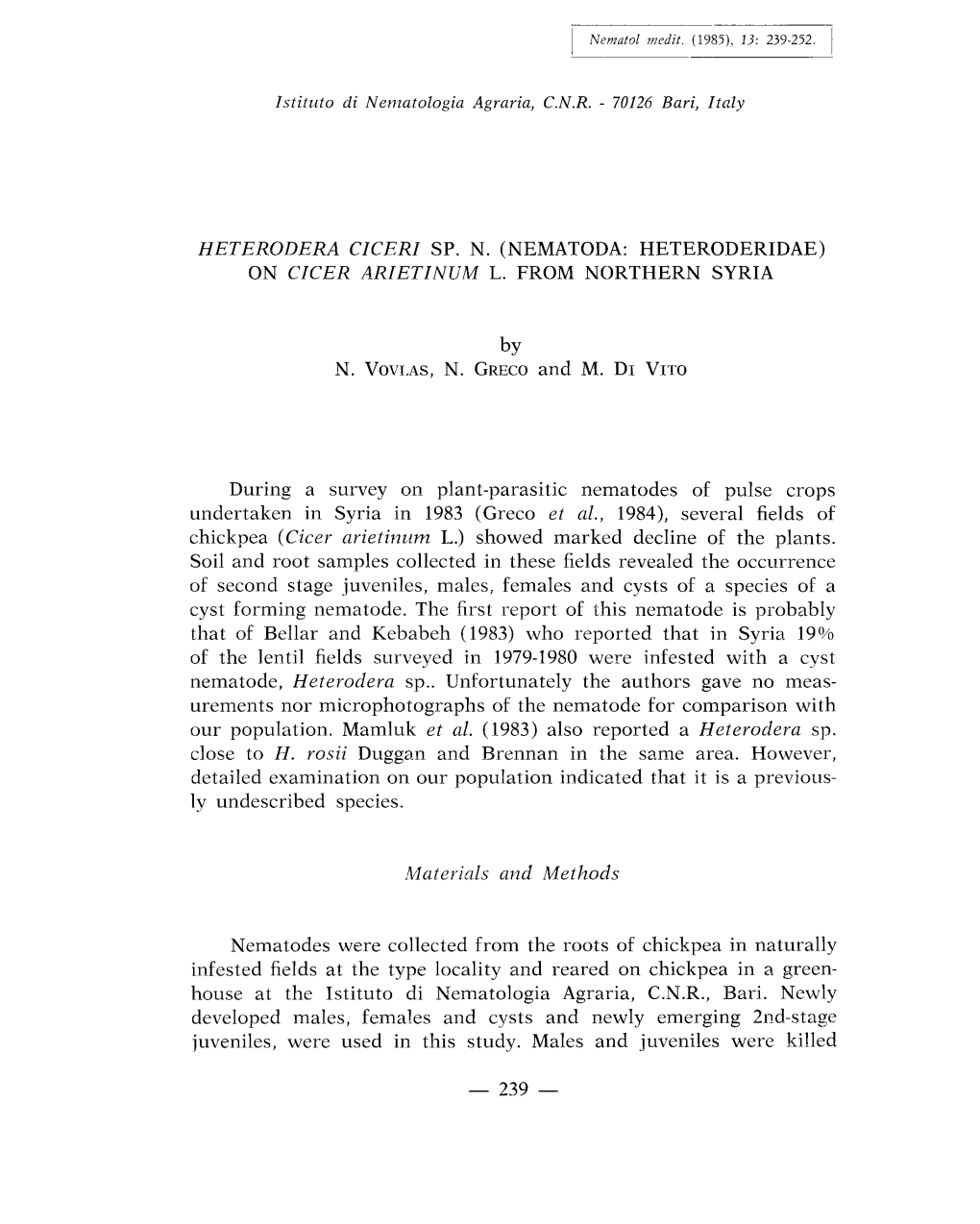 Heterodera Ciceri Sp. N. (Nematoda: Heteroderidae) on Cicer Arietinum L