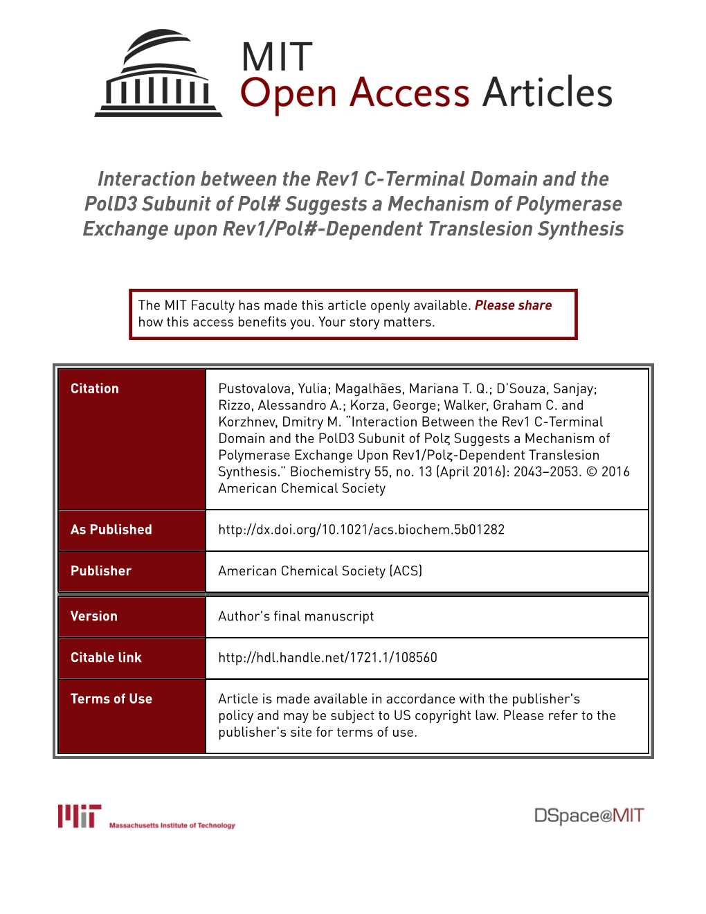 Interaction Between the Rev1 C-Terminal Domain and the Pold3 Subunit of Pol Suggests a Mechanism of Polymerase Exchange Upon