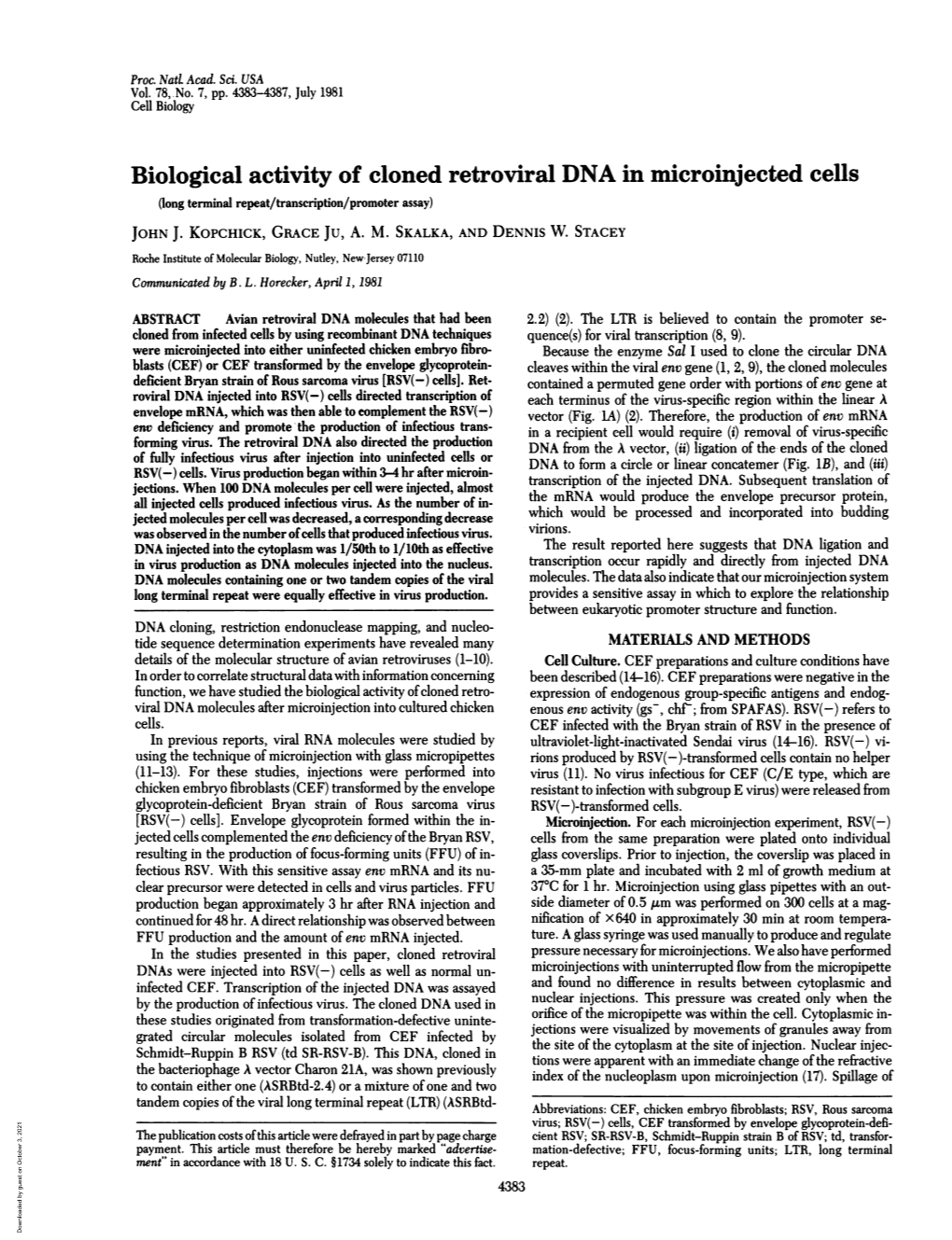 Biological Activity Ofcloned Retroviral DNA in Microinjected Cells