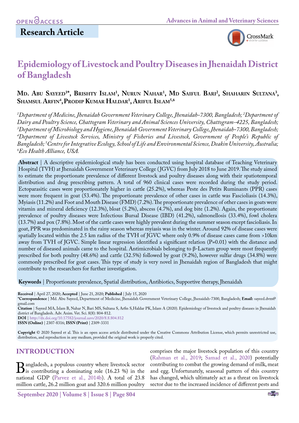 Epidemiology of Livestock and Poultry Diseases in Jhenaidah District of Bangladesh