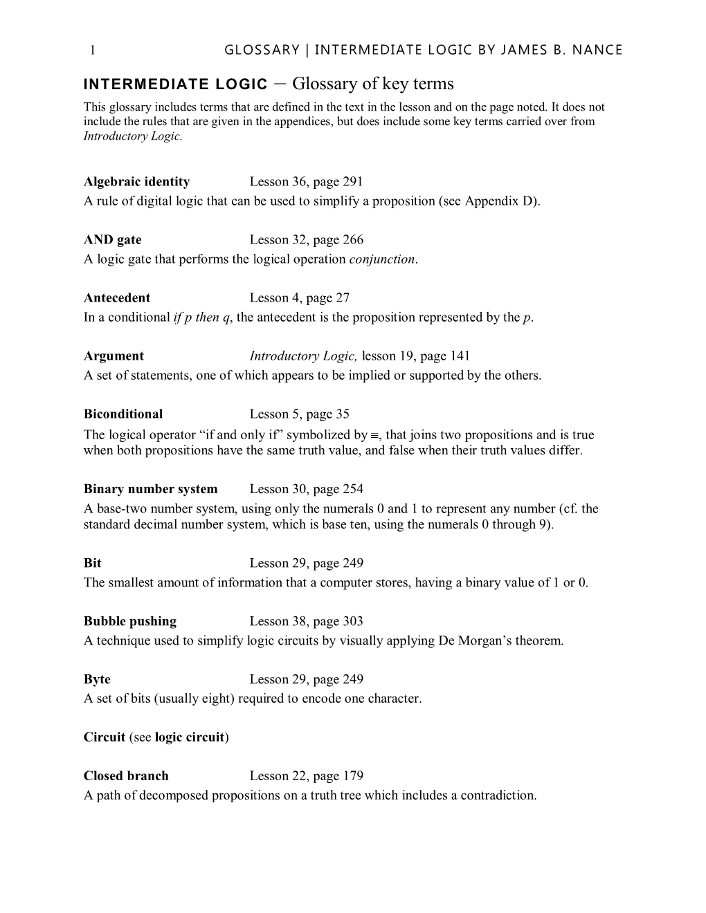 INTERMEDIATE LOGIC – Glossary of Key Terms This Glossary Includes Terms That Are Defined in the Text in the Lesson and on the Page Noted