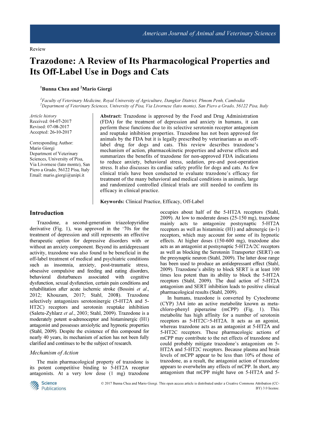 Trazodone: a Review of Its Pharmacological Properties and Its Off-Label Use in Dogs and Cats