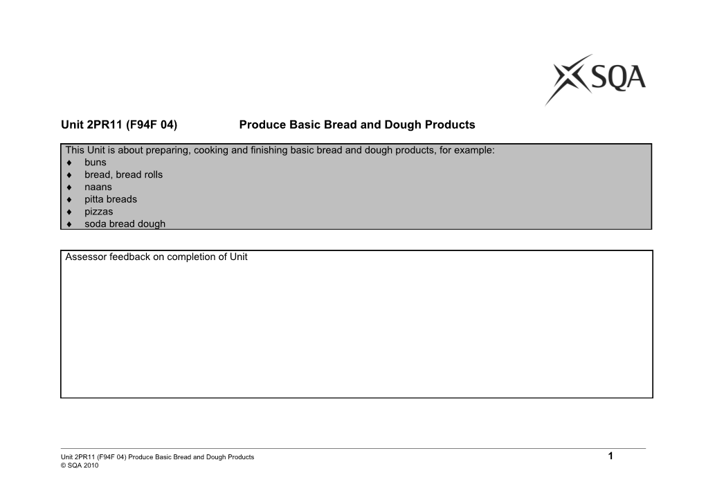 Unit 2PR11 (F94F 04) Produce Basic Bread and Dough Products