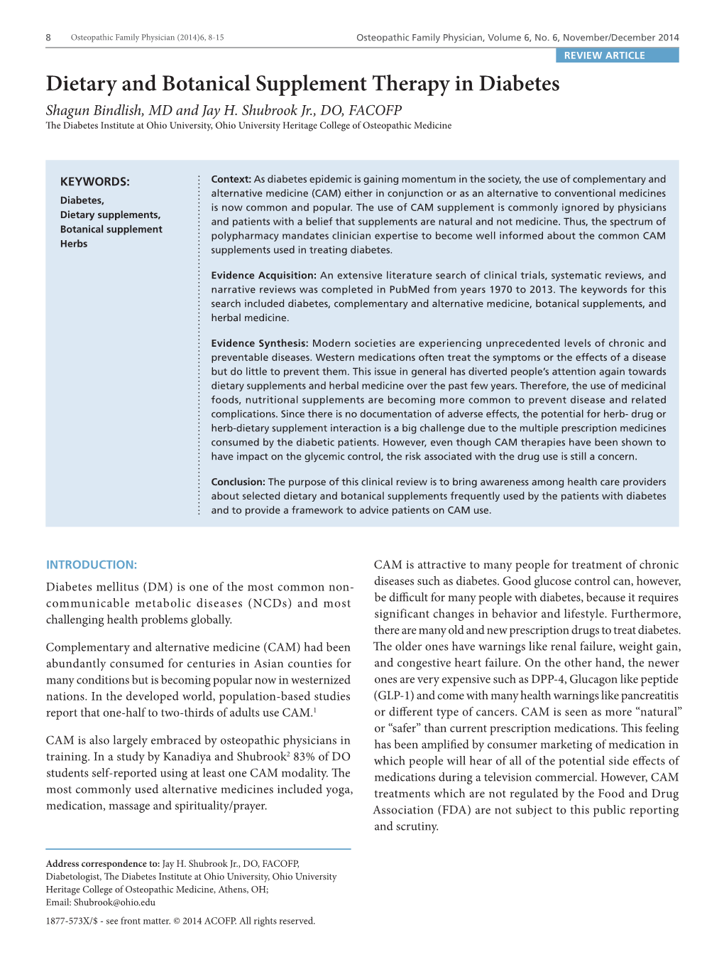 Dietary and Botanical Supplement Therapy in Diabetes Shagun Bindlish, MD and Jay H