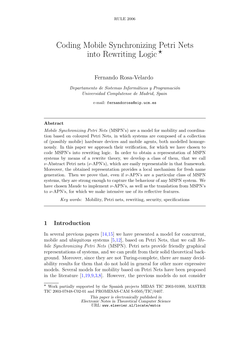 Coding Mobile Synchronizing Petri Nets Into Rewriting Logic⋆