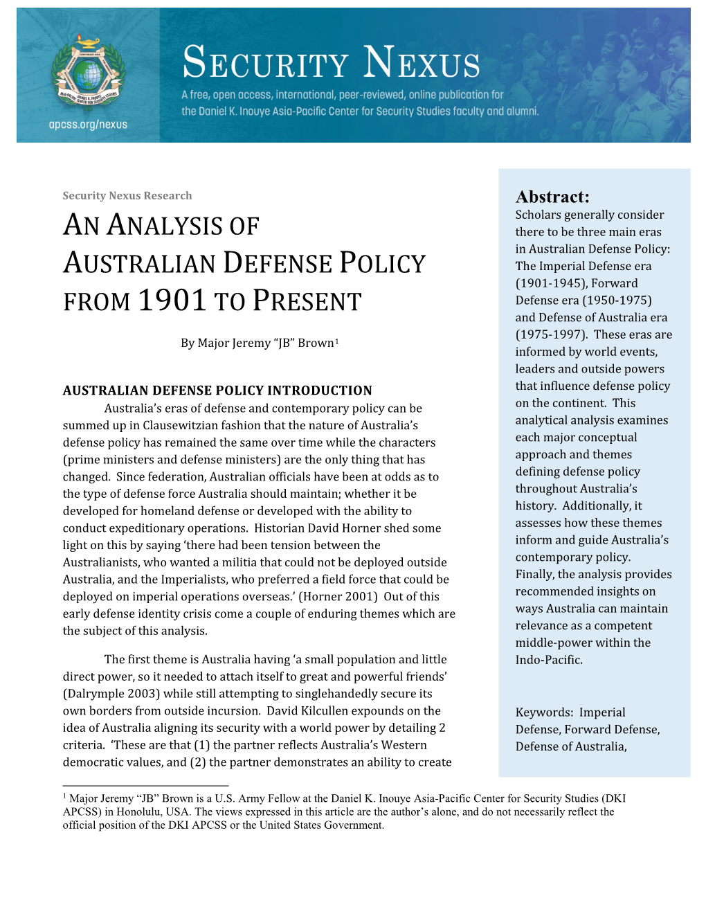 An Analysis of Australian Defense Policy from 1901 to Present