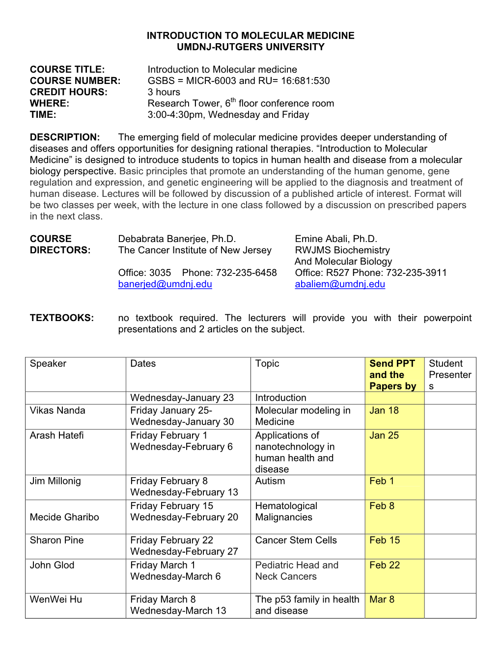 Introduction to Molecular Medicine COURSE