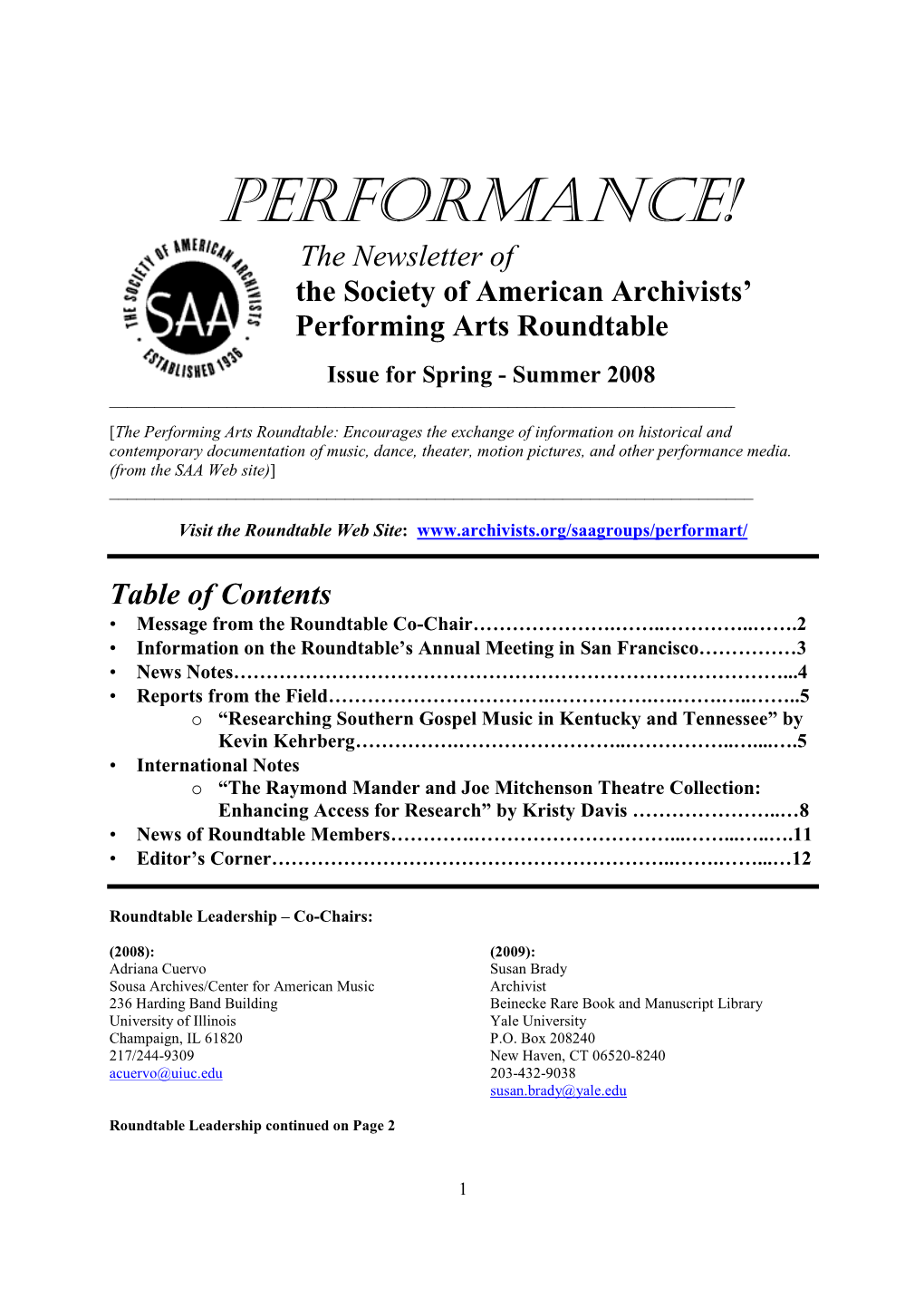 PERFORMANCE! the Newsletter of the Society of American Archivists’ Performing Arts Roundtable