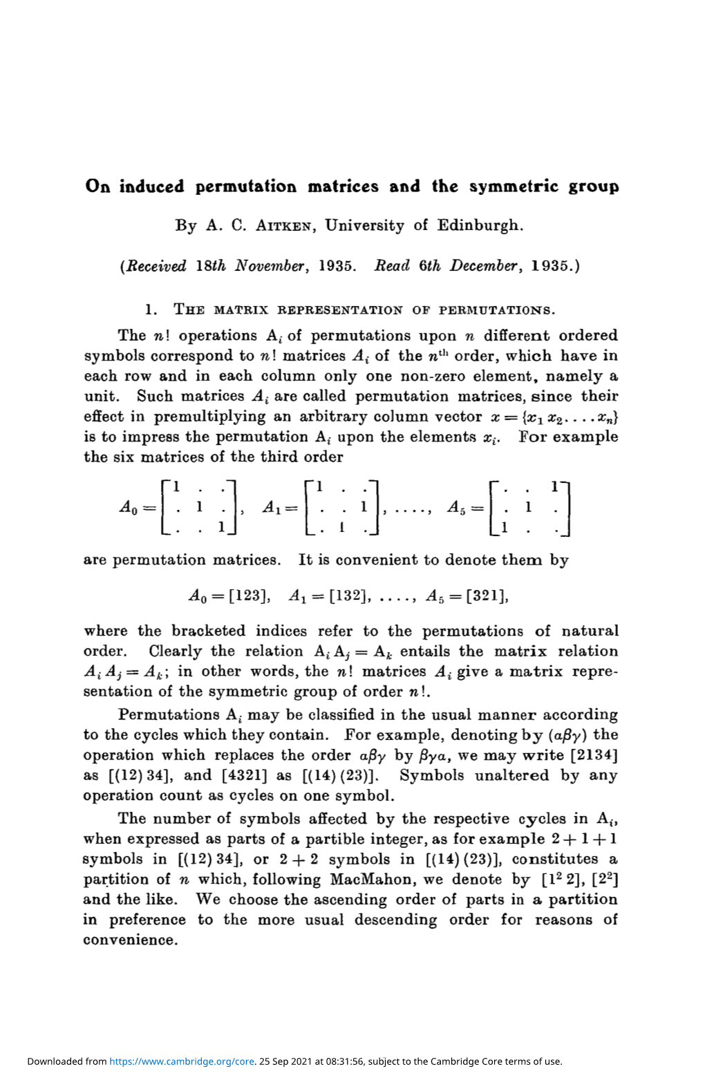 On Induced Permutation Matrices and the Symmetric Group