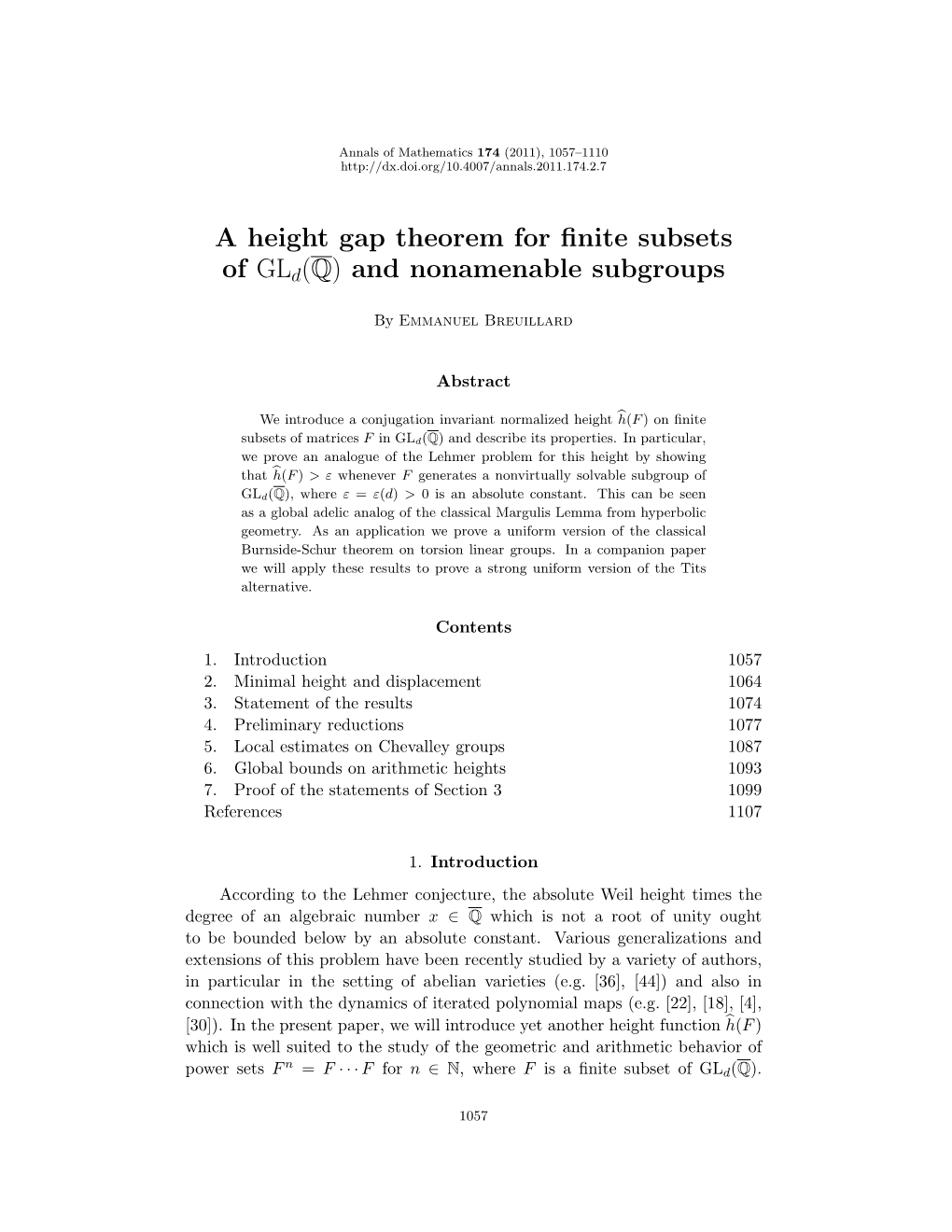 A HEIGHT GAP THEOREM for FINITE SUBSETS of Gld(Q) 1059