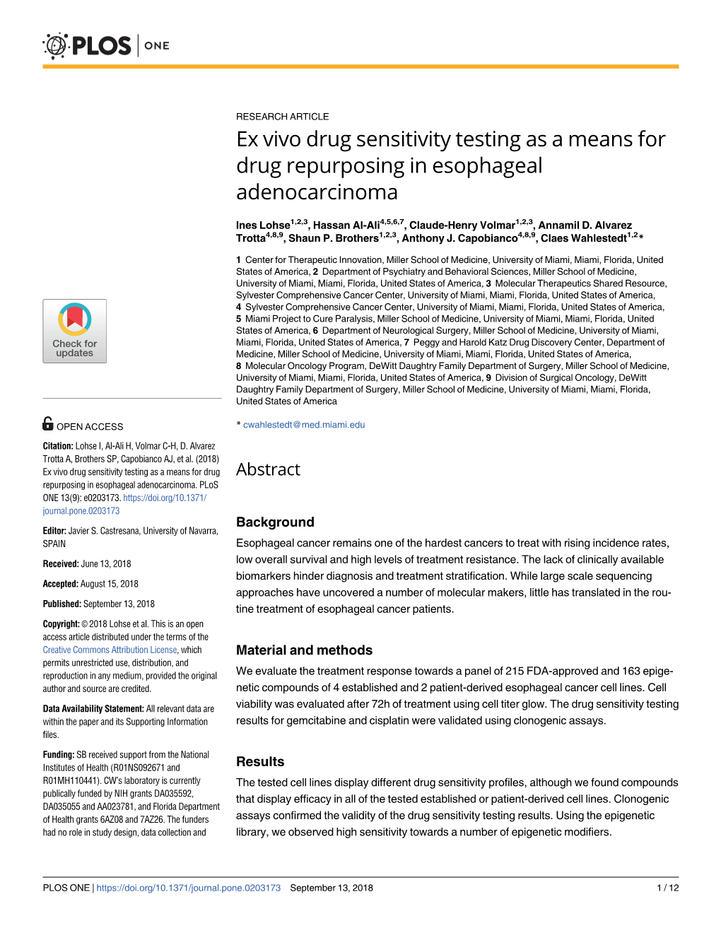 Ex Vivo Drug Sensitivity Testing As a Means for Drug Repurposing in Esophageal Adenocarcinoma
