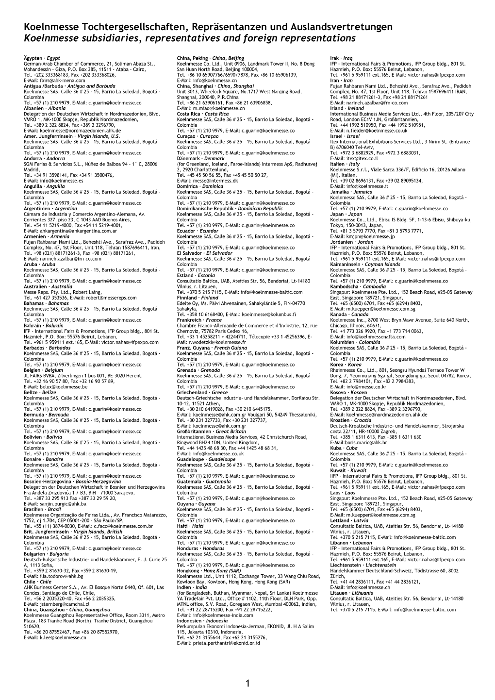 Koelnmesse Tochtergesellschaften, Repräsentanzen Und Auslandsvertretungen Koelnmesse Subsidiaries, Representatives and Foreign Representations