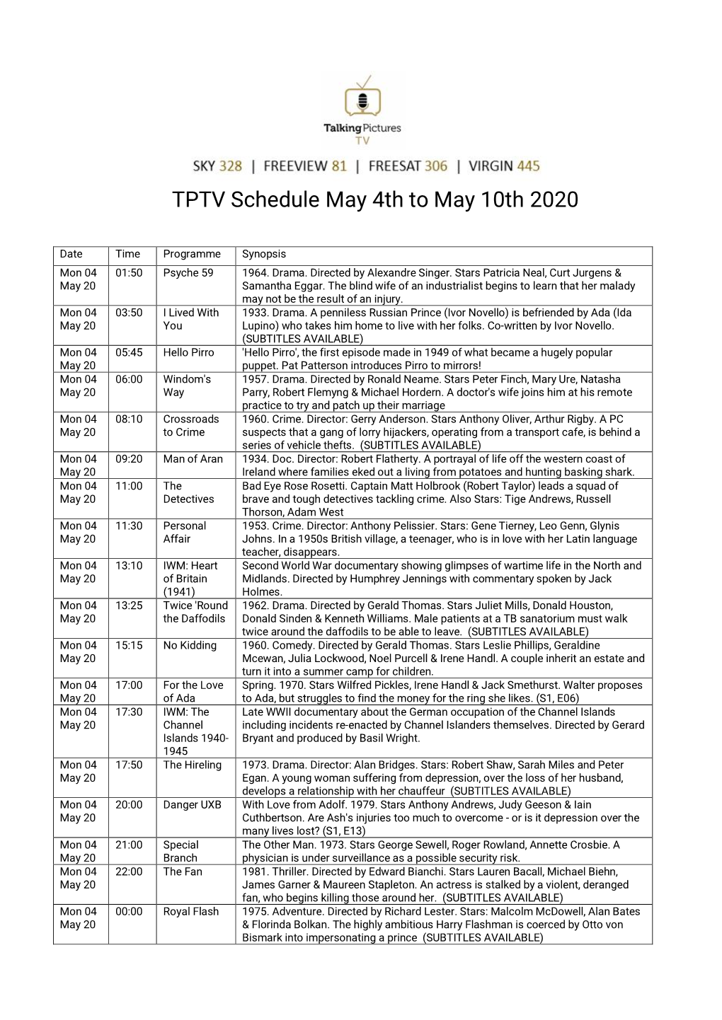 TPTV Schedule May 4Th to May 10Th 2020
