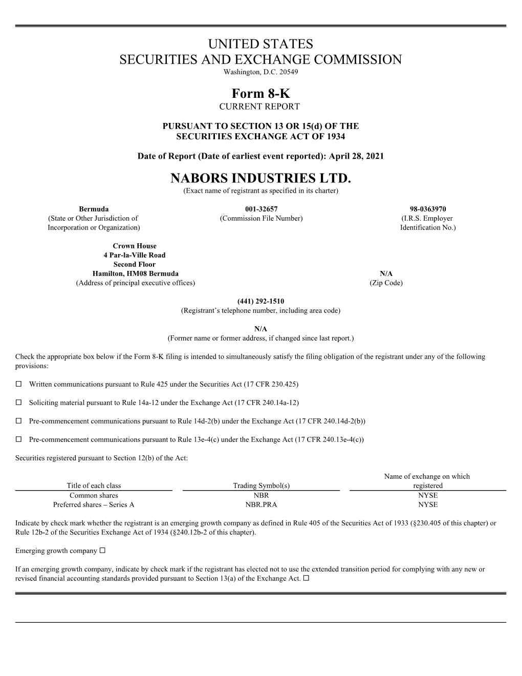 NABORS INDUSTRIES LTD. (Exact Name of Registrant As Specified in Its Charter)