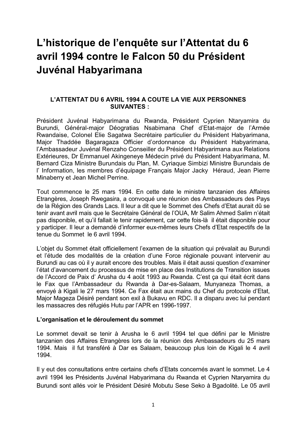 L'historique De L'enquête Sur L'attentat Du 6 Avril 1994 Contre Le Falcon 50