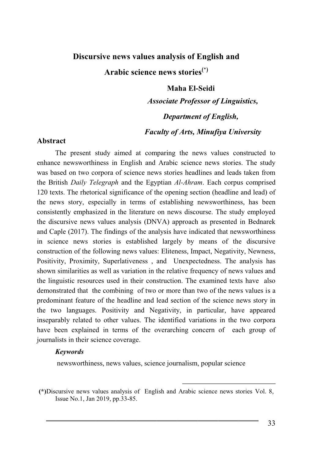 Discursive News Values Analysis of English and Arabic Science News Stories)*(