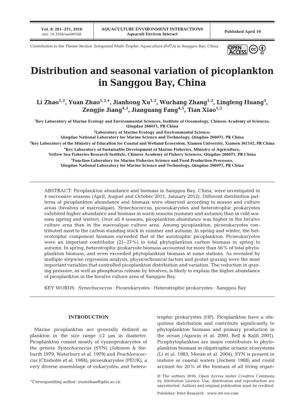 Distribution and Seasonal Variation of Picoplankton in Sanggou Bay, China