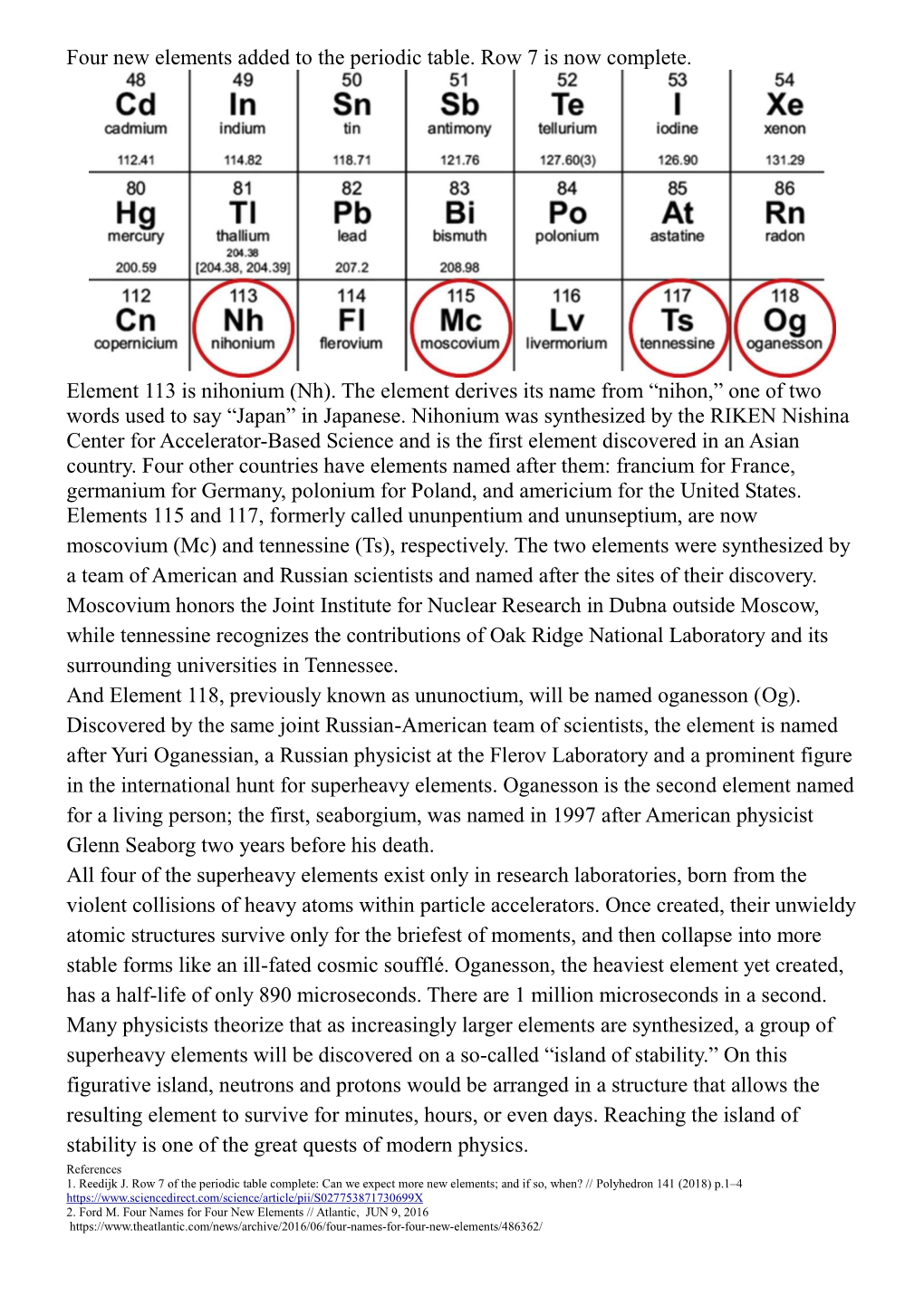 Four New Elements Added to the Periodic Table. Row 7 Is Now Complete