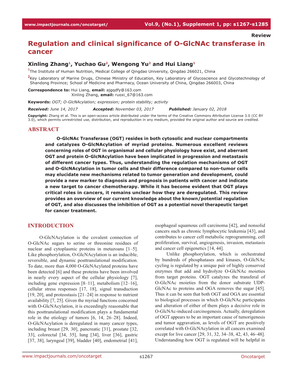 Regulation and Clinical Significance of O-Glcnac Transferase in Cancer